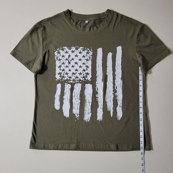 Women's Army Green American Flag Graphic Crewneck Short Sleeve Tee - Picture 8 of 12
